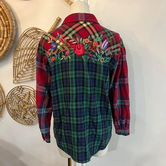 Vintage Patchwork Plaid Embroidered Shirt Cotton Button Up L Boho Western - Picture 7 of 8